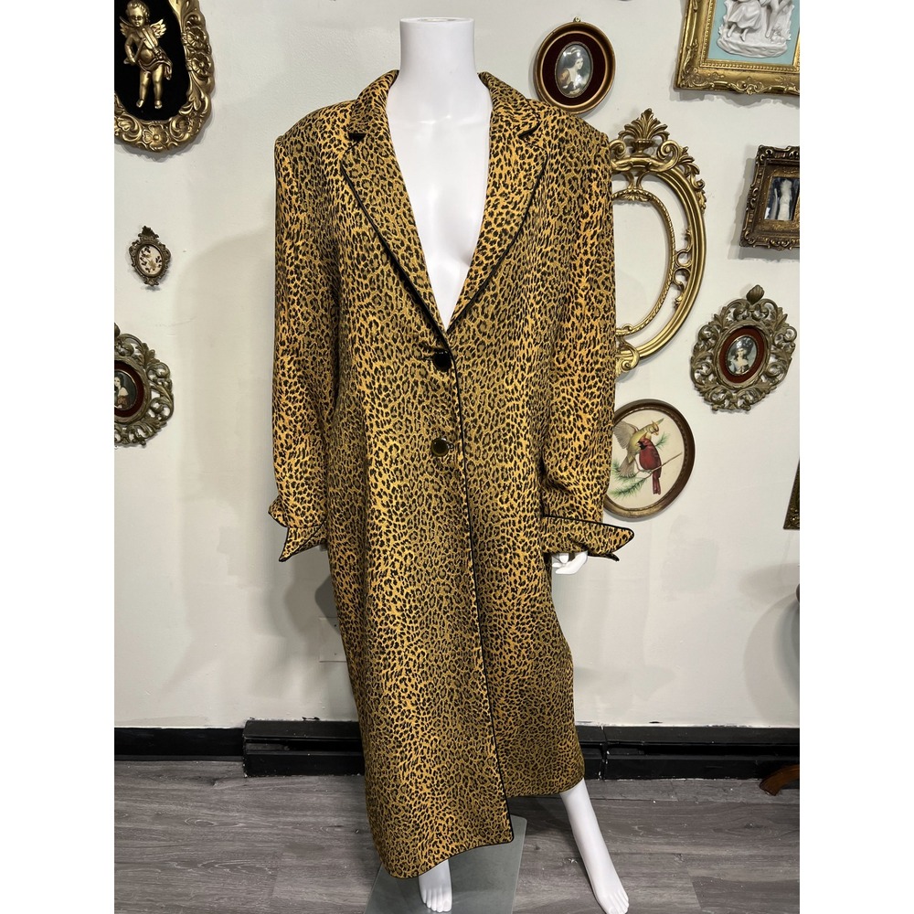 Vintage Lily & Taylor Leopard Animal Print Long Trench Coat Jacket Size 14